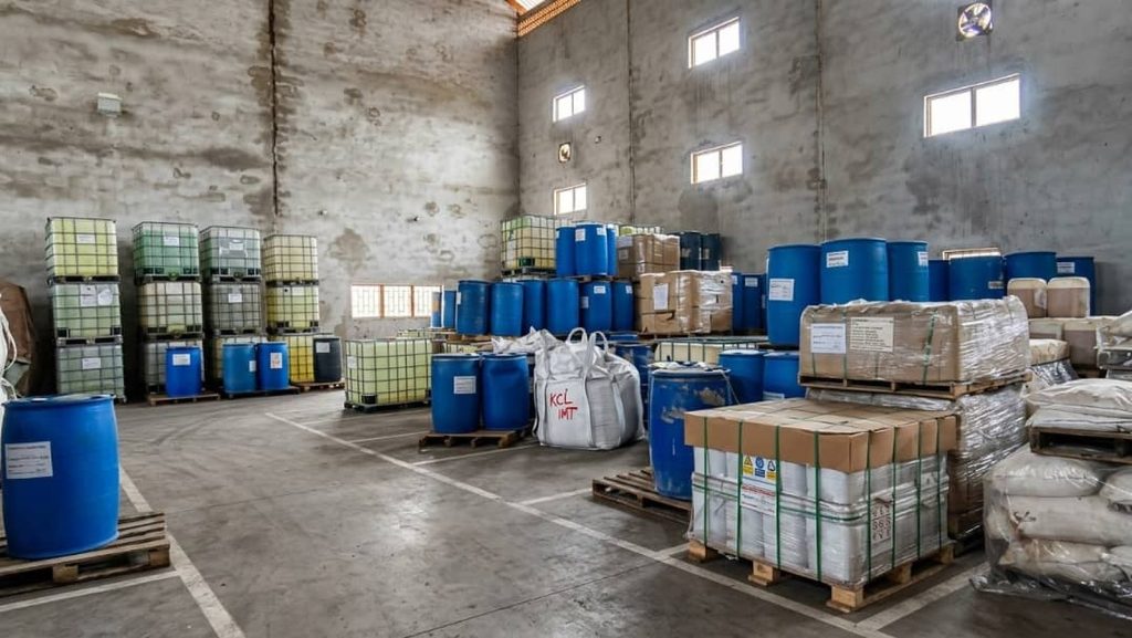 Chemical warehouse with IBC totes, blue drums and potassium chloride (KCl) bulk bags