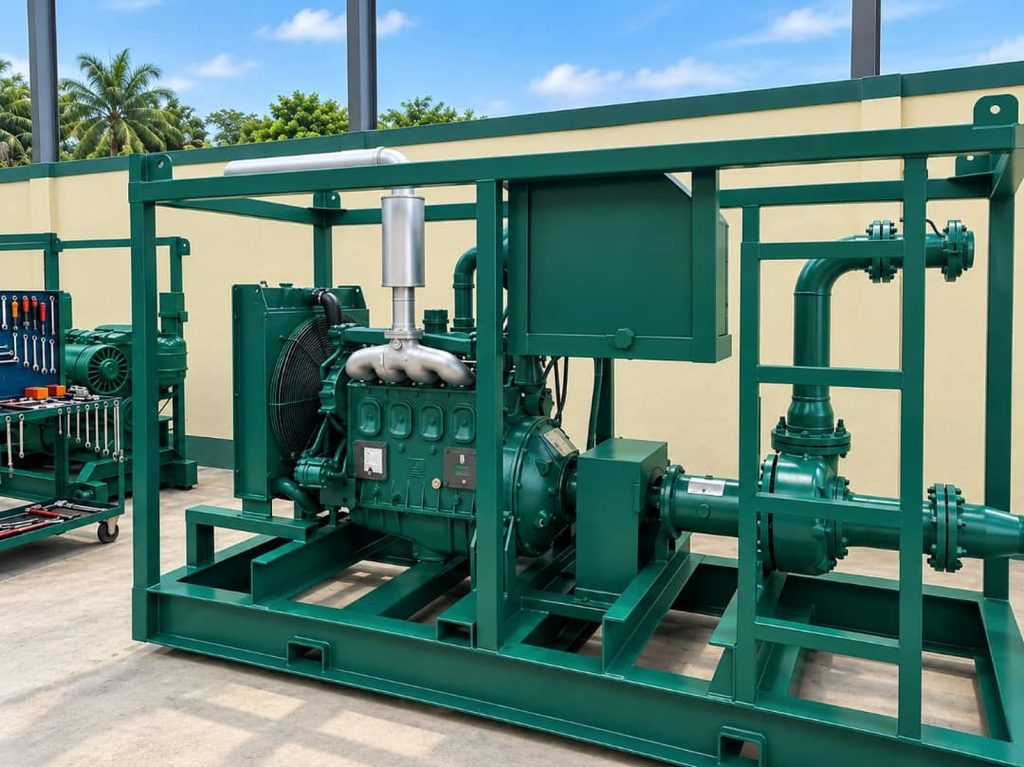 Diesel engine-driven centrifugal pump mounted on a green skid frame