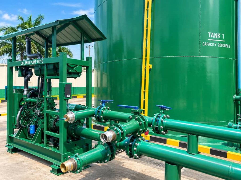 Engine-driven mud pump skid with its manifold, beside a tall green storage tank